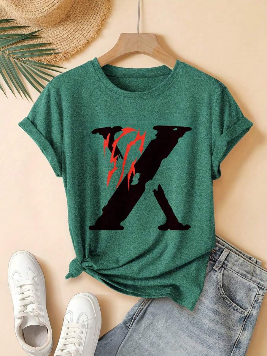 Red Flame Design And Print X Digital Print Short Sleeve Unisex Pure Cotton Loose And Comfortable - Green - View 1