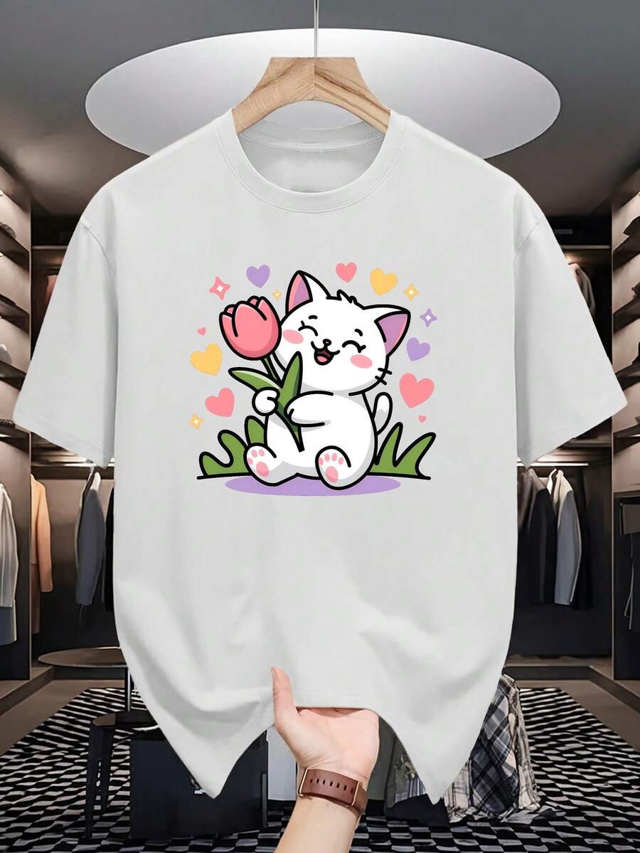 Camiseta de Manga Corta para Hombre con Estampado de Gatito y Flores - Cuello Redondo Casual para Primavera/Verano, Diseño Bonito y Botánico, Ropa Básica Versátil para Capas o Looks Diarios - Blanco - Ver 1
