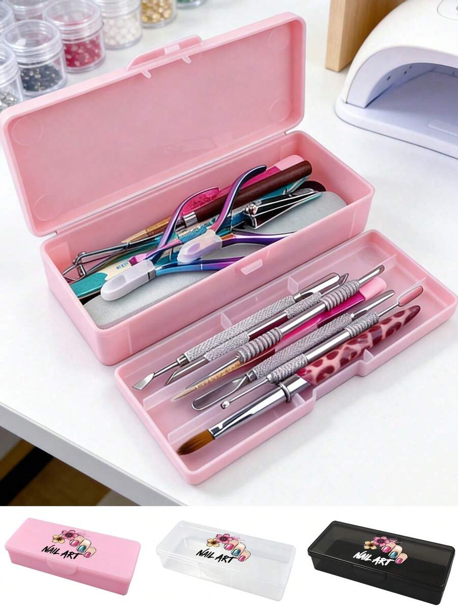 Double Layer Nail Art Tool Storage Box With Nail Art Designs, Nail File Holder, Nail Pen Organizer, Gel Nail Brush Sponge Container, Portable Rectangular Plastic Transparent Nail Supplies Storage Case (Nail Tools Not Included) - Multicolor - View 1