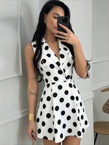 新款女款波點無袖西裝洋裝，優雅V領A字短洋裝，通勤穿搭夏季白色度假風 - 白色 - 查看 5