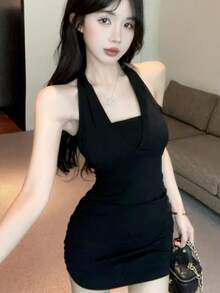 Autumn And Winter New Style Hollow String Inner Dress Women's High-End Light Luxury Sexy Pure Bucket Desire Hot Girl Hip Cover Short Skirt - Black - View 2
