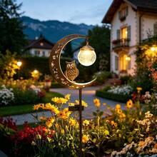 1pc Solar Powered Owl Glass Crackle Stake Light, Outdoor Decor For Pathway, Backyard, Patio, Lawn, Garden - Owl Ground Stake - View 4