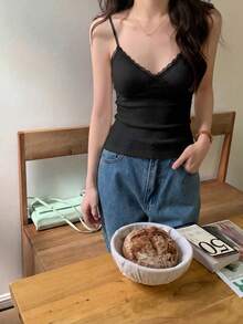 蕾丝V领性感吊带文胸，露背加垫短款文胸，夏季休闲黑色 - 黑色 - 查看 3