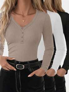 Set de 3 camisetas tipo Henley casuales de mujer con cuello en V y mangas raglán ajustadas - Multicolor 4 - Ver 8