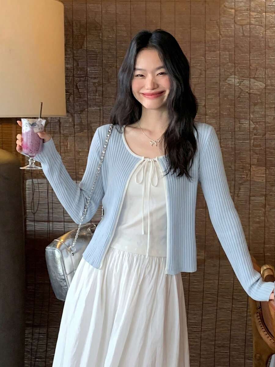 女款輕盈透視開襟針織外套,藍色長袖圓領薄網紗上衣,辦公休閒 Y2K 風格蝴蝶結扣夾克 - 藍色 - 查看 1