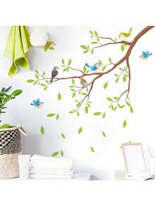 Cartoon Tree Branch & Bird Wall Sticker, Green Leaf Animal Wall Decal, Removable Peel And Stick For Kids Room Nursery Home Decor - Cartoon Tree Branch Bird - View 1