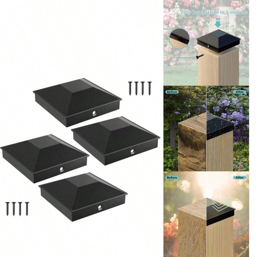 HILLMASTER 4X4 Post Caps 3.5inx3.5in Wood Fence Post, Proof Durable PP Plastic Decking Post Top Cap Cover With Mounting Screws, 4 Pcs, Black - B - View 1