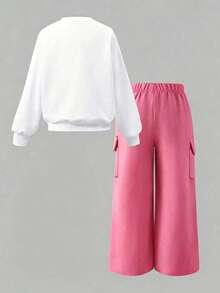 Young Girl Crew Neck Letter Cartoon Print Long Sleeve Sweatshirt And Elastic Waist Cargo Pants Casual Daily Set - Pink - View 2