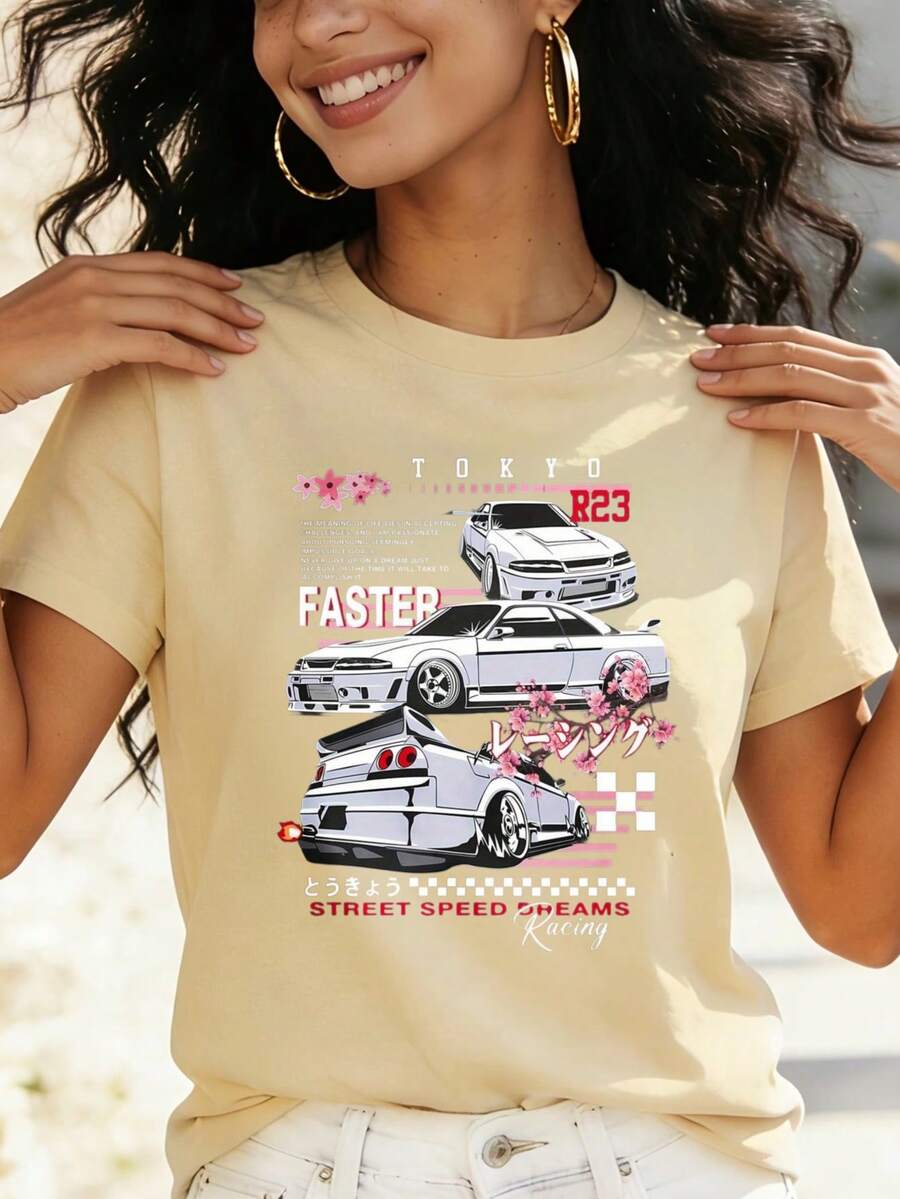 Tokyo Racing Cars Street Speed Digital Print Short Sleeve Unisex Pure Cotton Loose And Comfortable - Apricot - View 1