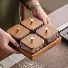 1pc Retro Walnut Wood Lid Square Glass Snack Tray, Divided Compartments For Candies, Nuts, Tea Snacks, Suitable For Home, Office, Gatherings - Transparent + Brown - View 6