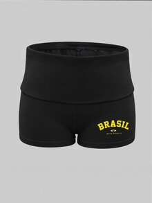 DEAR MOLLY Quần short nữ cạp cao gợi cảm mùa hè, họa tiết cờ Brazil, in chữ phong cách Y2K, cạp lật - Nhiều màu - Xem 5