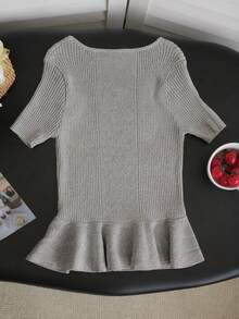 New Spring/Summer Korean Style Women's Slim Fit Chiffon Ruffle Trim Knit Top - Gray - View 5