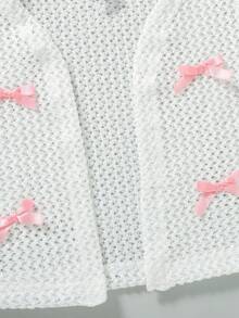2pcs/Set Pakaian Kasual Anak Perempuan Warna Polos dengan Hiasan Pita, Atasan Kardigan Lengan Pendek dan Gaun Kasual Selutut dengan Tali Bahu Tipis, Musim Panas - Berwarna merah muda - View 5