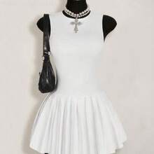 Yunuo Menswear  Vestido mini de verano para mujer de unicolor con cuello redondo y bajo plisado - Blanco - Ver 1