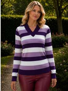 Women's Cold Weather Blouse | Women's Striped Long Sleeve Blouse | Striped V-Neck Blouse | Stripes - 紫色 - 查看 3