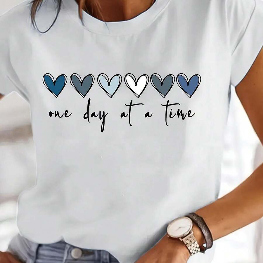 item picture wos ptination mode lettering t S1Hirt C1Asual S1Hort sve round neck blouse with regular fit for spring summer C1Asual attire hine waS1HAble semi S1Heer top - Blanco - Ver 1