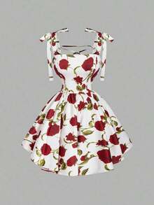 MOD Vestido rosa romántico con espalda descubierta y lazo, adecuado para citas, fiestas, vacaciones, meriendas de té y ocasiones de cumpleaños - Rojo y blanco - Ver 2