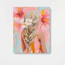 Una obra de arte, enteramente pintada a mano al óleo, titulada: "Floreciendo". "En un brillante atardecer de primavera, una niña con trenzas finas y flores rosas detrás de ella parece estar rodeada de un paraíso floral." Adecuada para la decoración del hogar, adorno de pared. - Enmarcado - Ver 1