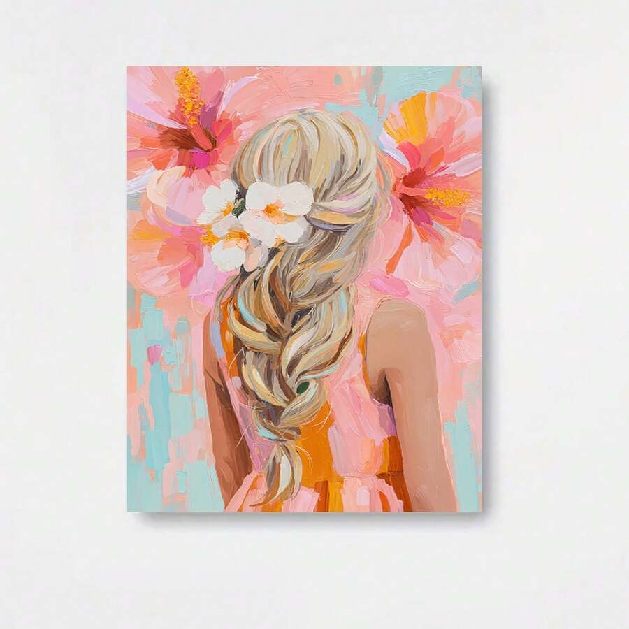 Una obra de arte, enteramente pintada a mano al óleo, titulada: "Floreciendo". "En un brillante atardecer de primavera, una niña con trenzas finas y flores rosas detrás de ella parece estar rodeada de un paraíso floral." Adecuada para la decoración del hogar, adorno de pared. - Enmarcado - Ver 1