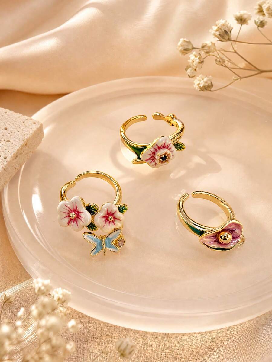 1PC Sweet Fairy Niche Design Copper Enamel Flower & Butterfly Design Ring For Women Daily Wear & Gift - Multicolor - View 1