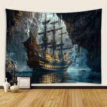 2D Flat, 1pc A Skeleton Ghost Ship Docked In A Dark, Background Decoration Dormitory Walls And Bedroom, Background Fabric Wss - Multicolor - View 3