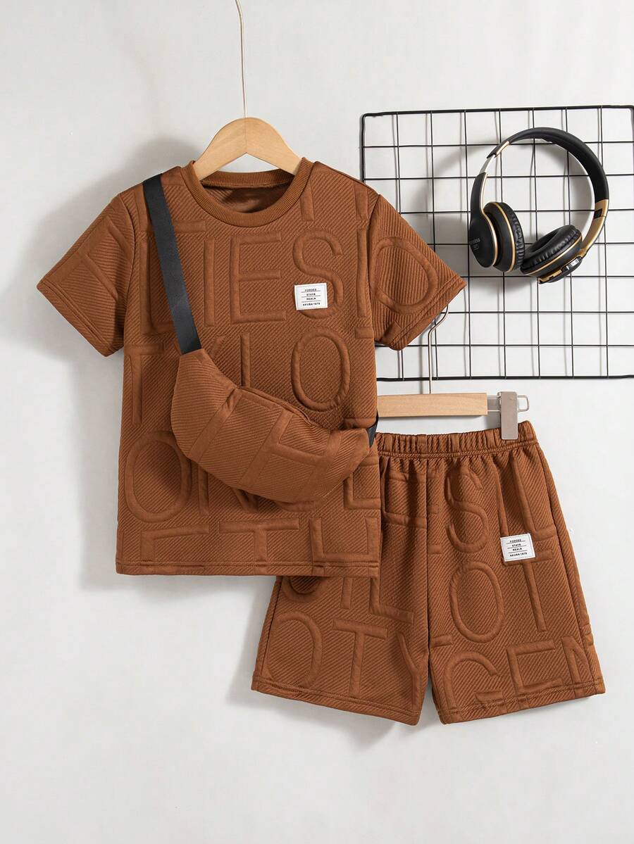 2pcs Boys Casual Outfits Short Sleeve Solid Color T-Shirt And Shorts Set With Pouch, Daily Wear, Summer - Brown - View 1