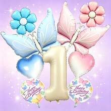 Conjunto de globos con temática de mariposas soñadoras, incluye globos con números en blanco lechoso, globos de mariposas en degradado rosa y azul, globos de margaritas, globos de corazones en degradado, adecuado como regalo sorpresa para niños y niñas, fiesta de cumpleaños con tema de hadas, reunión lúdica entre padres e hijos, decoración de habitación femenina, celebración o fiesta del centésimo día del bebé, creando una atmósfera de fiesta inspirada en cuentos de hadas, alegre, suave y enérgica - Ver 4