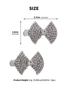 2pcs Sparkling Rhinestone Bowknot Hair Clips, Elegant Side Bangs Duckbill Clips, Princess Style Party Hair Accessories For Women - Silver - View 10