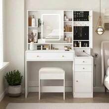 Tocador de Maquillaje Negro con Espejo LED, Mueble de Maquillaje con Cajones, Armario para Joyas y Taburete para Dormitorio Multifuncional Tocador Con Espejo Luces Y Silla 4 Cajones - Blanco - Ver 3