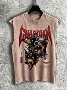 2026 New Summer Men's Sleeveless T-Shirt 230g Washed, Guardian's Wild Power Pattern-Printed Vest, Men's Washed Vintage Tank Top, Washed Cotton Fabric, - 棕色 - 查看 13