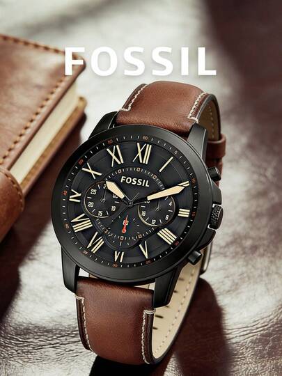 Fossil Men's Large Dial Chronograph Watch, Matte Black Case, Brown Vintage Leather Strap, Black Dial With Roman Numerals, Vintage Casual Wristwatch Suitable For Music Festivals, Vintage Markets, Weekend Gatherings, Bachelor Parties, Birthday Gifts, Anniversary, Father's Day - Perfect For Showcasing The Old-Fashioned Vintage Style Of The Modern Gentleman