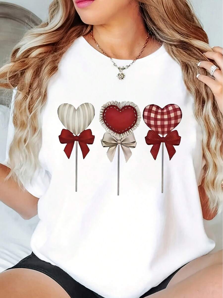 Camiseta de manga corta con cuello redondo casual para mujer de talla grande, con estampado de corazón romántico con forma de caramelo y lazo, cómoda y transpirable para uso diario, camiseta - Blanco - Ver 1