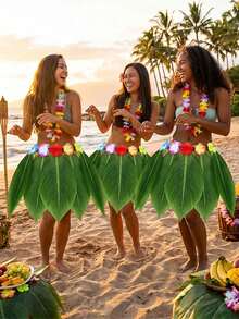 1pc Hawaiian Leaf Hula Skirt With Flowers,Soft Breathable Adjustable Artificial Green Leaf Skirts Decor,Suitable For Hawaiian Themed Parties, Beach Parties, Luau Parties And Masquerades,Ideal Gifts For Family Friends - View 3