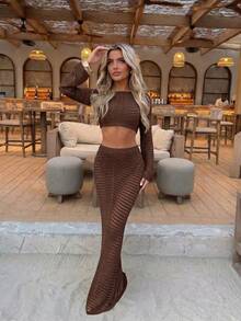 Summer Women's Coffe Y2K Style 2 Pieces Set, Including Crop Top And Elastic Waist Mini Skirt, Suitable For Beach Vacation, Party, Holiday And Date - Light Coffee - View 6