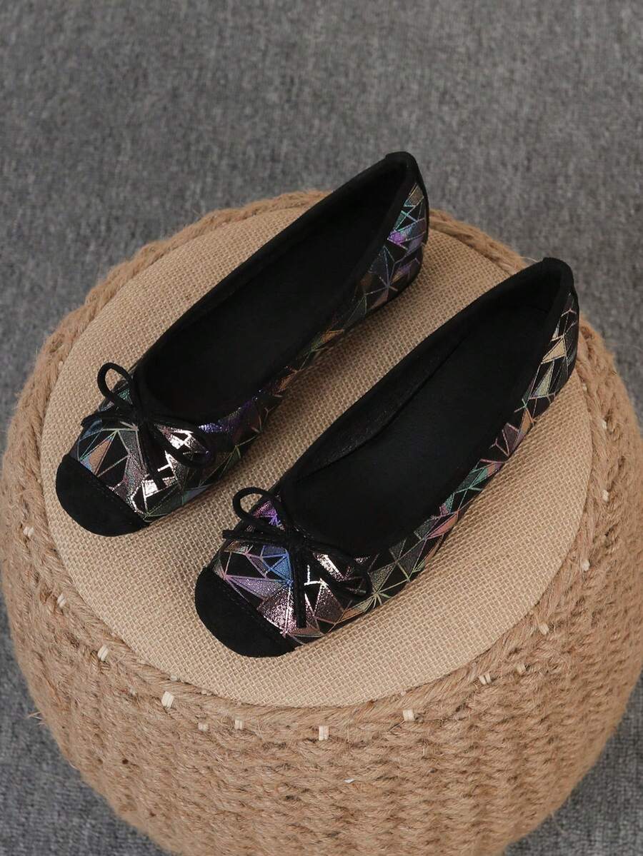 [Plus Size] Women's Ballet Shoes, Fashionable Square Toe Slip-On Soft Bottom Shoes, Versatile Bow Tie Flat Shoes, Flat Loafers, Size 35-43 - Black Tangram (Bow) - View 1