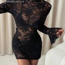 Yunuo Menswear PETITE Vestido mini de encaje transparente y sexy color borgoña, adecuado para citas diarias, salidas nocturnas, discotecas, fiestas, reuniones, fiestas de cóctel, fiestas de piscina, otoño/invierno - Blanco - Ver 6