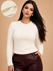 Long-Sleeved, Fleece-Lined, Ribbed Knit, Thermal, Flannel-Lined, Warm, Comfortable, Soft, Office, Festival, Fashion, Autumn And Winter 2026, Valentine's Day. - 米白色 - 查看 1