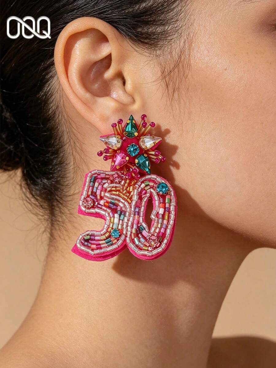 OOQ 1 Đôi bông tai đính hạt số 3D màu hồng cánh sen, thiết kế cầu kỳ và sang trọng, trang sức thủ công phù hợp cho tiệc tùng, lễ hội, dạ hội (Màu sắc, số lượng và vị trí hạt thủ công được chọn ngẫu nhiên) - Màu 50 - Xem 1