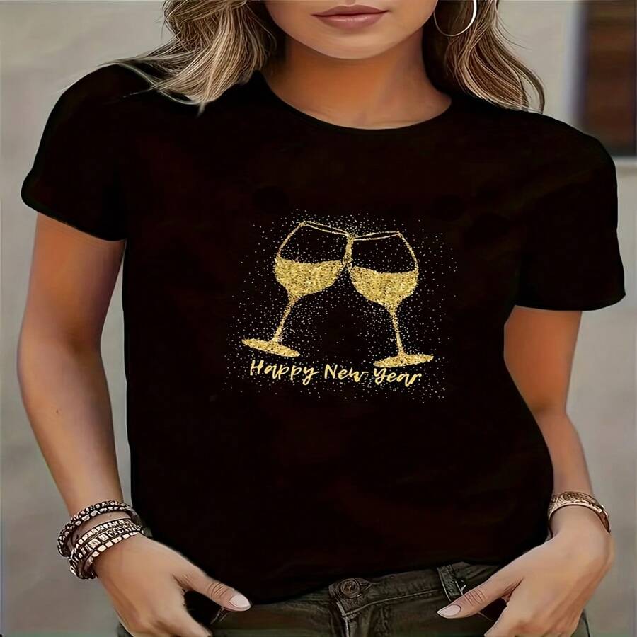 Wine Pattern Print T-Shirt And New And - Black - View 1