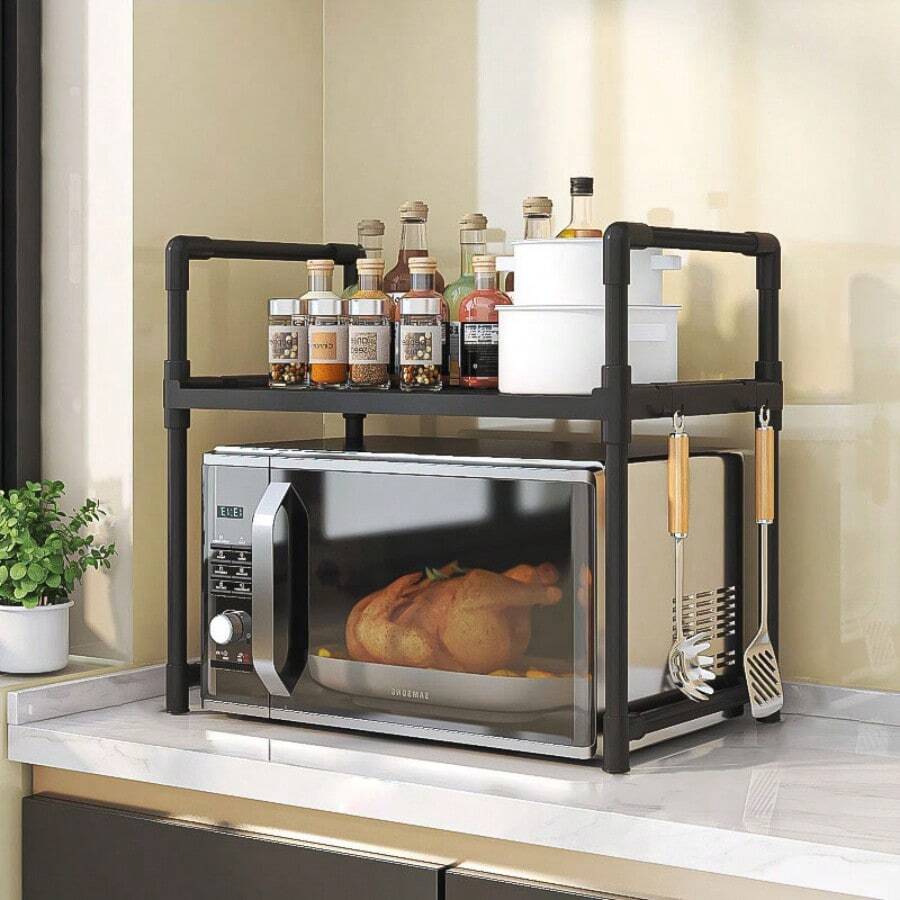 1 Piece 2 Tier Layered Storage Shelf – Thickened Material, Sturdy & Heavy Load – Modular Design, Flexible Organiser – For Kitchen, Oven, Rice Cooker, Spices, Microwave – Floor Standing Unit – Home Storage Essential - Màu đen - Phiên bản ổn định chịu tải nặng - 2 tầng - Xem 1