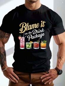 Printed T-Shirt, Cotton T-Shirts With Graphic Design, Plus Size, Crew Neck, Short Sleeve, Men's Plus Size T-Shirt "Blame It On The Drink Package" - Beige, Casual Crew Neck, Colorful Drink Illustration, Cotton, Machine Washable - Ideal For Summer, Plus Size, Y2K Style, Oversized Men's T-Shirt, Summer Tops, Suitable T-Shirt - 粉色 - 查看 1