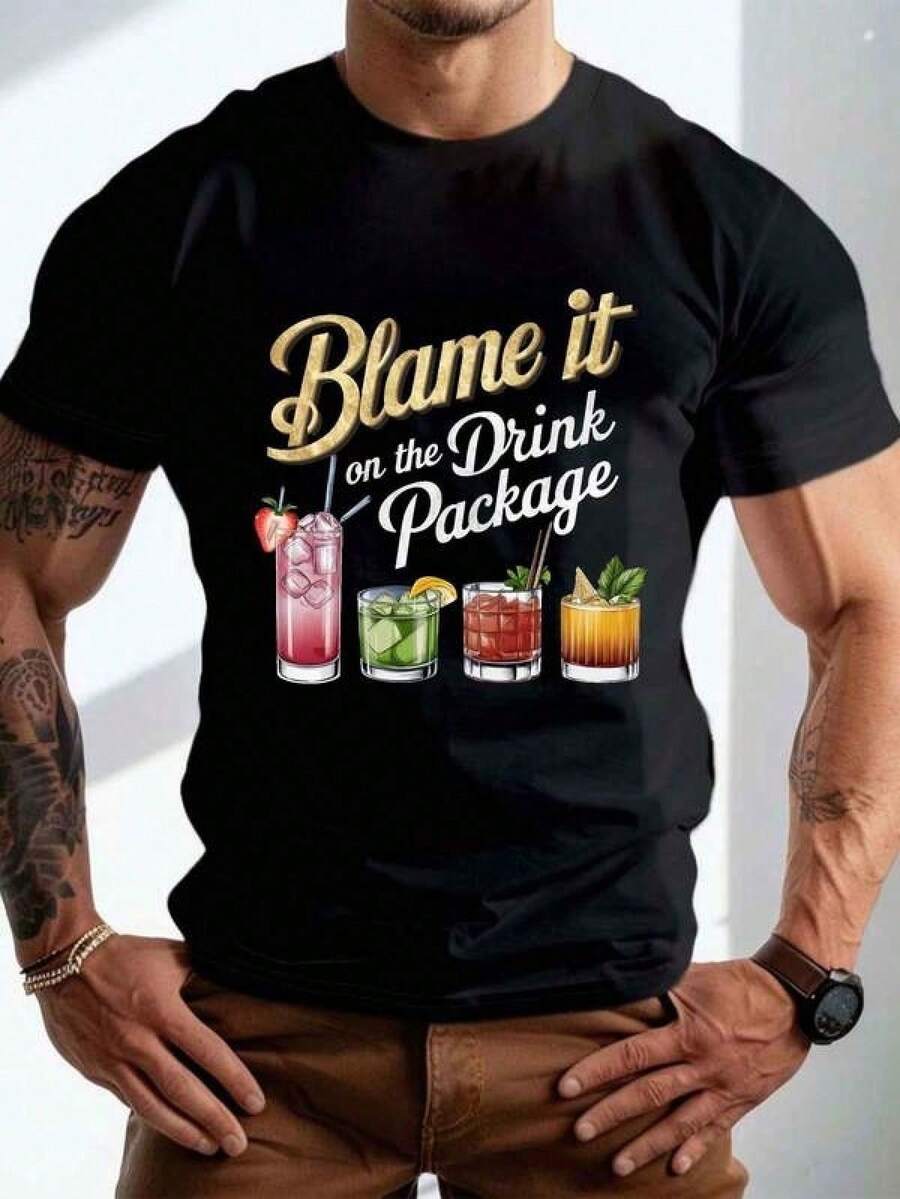 Printed T-Shirt, Cotton T-Shirts With Graphic Design, Plus Size, Crew Neck, Short Sleeve, Men's Plus Size T-Shirt "Blame It On The Drink Package" - Beige, Casual Crew Neck, Colorful Drink Illustration, Cotton, Machine Washable - Ideal For Summer, Plus Size, Y2K Style, Oversized Men's T-Shirt, Summer Tops, Suitable T-Shirt - 粉色 - 查看 1