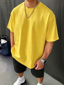 Japanese Minimal Tee, Oversized 180g Pure Cotton, Everyday Relaxed Crew Neck For Men - 黃色 - 查看 14