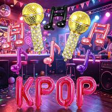 12pcs Music Theme Party Foil Balloon Set, Includes K-POP Letter Balloons, Microphone Balloons, Musical Note Balloons, Suitable For Pop Music Theme Party, Disco Rock Birthday Party Decorations - Multicolor - View 1