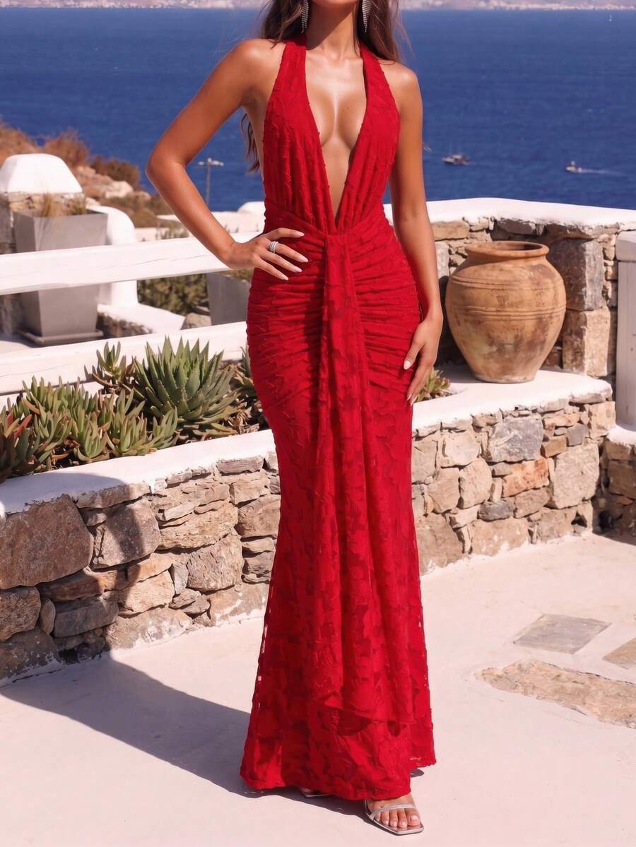 Sexy Backless Spaghetti Strap Elegant Deep V-Neck Long Draped Fitted Dress, Summer Evening Cocktail Party Gown For Women, Red - Red - View 1