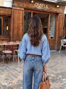 Casual Women's Red Gingham Check Blouse With Notched Neck And Voluminous Bishop Sleeves - Blue - View 6