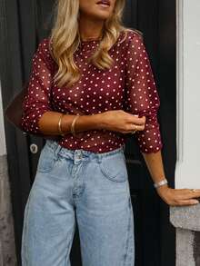 Women's New Polka Dot Sheer Mesh Long Sleeve Crop Top Casual Vacation - Red - View 4