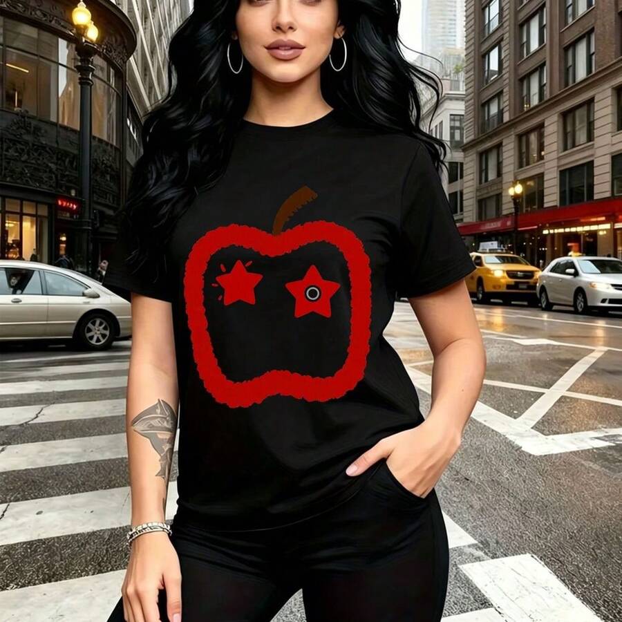 Camiseta de mujer con estampado gráfico de manzana roja y estrellas - camiseta casual de manga corta con cuello redondo, ajuste cómodo y moderno estilo urbano - ideal para paseos por la ciudad, salidas con amigas y regalo perfecto para mamá, esposa, - Negro - Ver 1