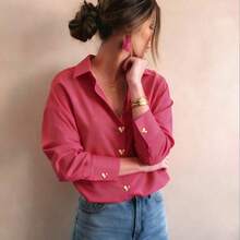 Camisa básica elegante y casual con botones de metal en forma de corazón a rayas de color rosa pálido, ropa de exterior casual de otoño/invierno, ropa casual de negocios para mujer en primavera - Rosa Fucsia - Ver 5