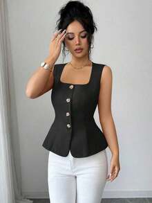 Elegante y versátil camiseta sin mangas para mujer con diseño de lazo en la espalda, cuello cuadrado y hebilla metálica decorativa, color burdeos, para primavera/verano - Negro - Ver 7